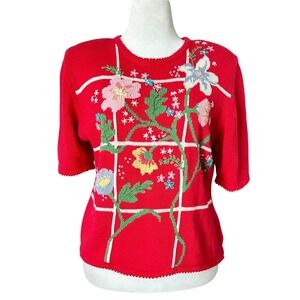 Talbots Susan Bristol Red Floral Embroidered Knit Sweater Top Vintage Large